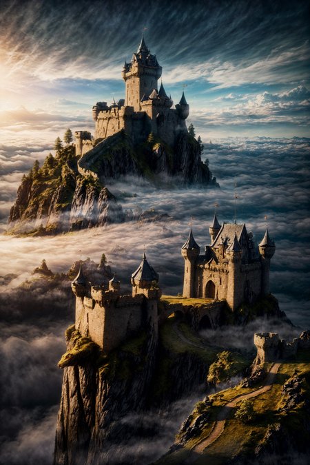 (photorealism:1.5), (realistic:1.5)
enchanted fortress and fortified  castle, above the clouds, dragon emerging from the mist, mystical atmosphere, detailed stone walls, high detail, ultra high-resolution, photorealistic, dramatic shadows, glowing light, fantasy landscape, detailed clouds, beautiful, masterpiece
 <lora:add_detail:1>
