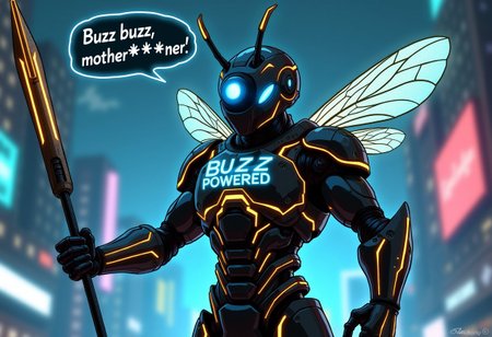 A fierce, cybernetic bee warrior stands in a power pose against a futuristic backdrop. The bee’s exoskeleton armor is sleek and high-tech, colored in glossy black with glowing neon lines tracing across it in bright blues and yellows, forming a web of circuits that pulse with energy. Across the chest plate, in bold, stylized text, it reads: “Buzz Powered.” The bee’s wings are semi-transparent with a metallic sheen, edged in neon blue, giving off a faint, electric hum.
The bee’s face is covered by a helmet with a single visor that glows an intense blue, hiding all expression but exuding an aura of cool, focused energy. In one hand, it holds a futuristic spear-like weapon, also lined with neon light, and the other fist is clenched as if ready for action.
A speech bubble hovers near its head, proclaiming:
“Buzz buzz, mother****er!”
In the background, digital skyscrapers and flickering neon signs create a cyberpunk cityscape, casting a glow that makes the bee warrior look even more intimidating and cool. The whole image has a mix of edgy humor and intense style, perfectly capturing the vibe of a buzz-powered cyber-bee on a mission.