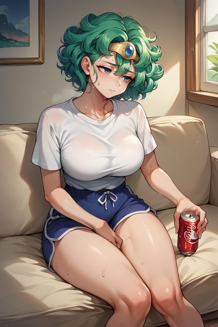 score_9, score_8_up, score_7_up, score_6_up, source_anime, 1girl, solo  <lora:dq4sofia-pdxl-nvwls-v1-000005:1> dq4sofia, curly hair, green hair, tiara, large breasts, white t-shirt, sweat, sitting, dolphin shorts, blue shorts, couch, apartment, holding soda, tired