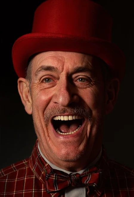 photorealistic portrait painting of circus director laughing wide, detailed skin with pores and wrinkles, detailed hair and mustache, gaudy red top hat, dark background, soft warm light <lora:hyperrealism-000103:1>