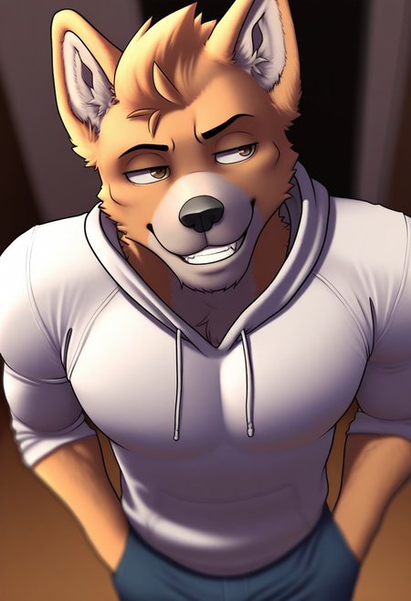 <lora:CaneStN:1>, Cane_(Flicklock), spitzen dog, tan fur, brown eyes, perfecteyes, furry male, furry, 1boy, solo, muscular, athletic build, large pectorals, beautiful amazing quality, hyper-detailed, highres, depth of field, very aesthetic, vibrant colors, high sharpness, cell shaded, photorealism, photorealistic, dynamic angle, cinematic lighting, detailed background, standing, white hoodie, jeans,  from above, close up, hands in pockets, grin