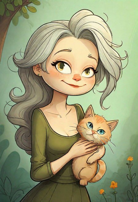 cute, Armity, (Persian:1.2) Goddess of Earth and nature, Goddess of modesty and love, fair white skin, old (mother) of the forest, silver hair, green hues, big expressive brown eyes, BREAK,
holding a ginger cat in her hug madonna style, BREAK, (heart-shaped red pattern:0.3), soft and cuddly, white flowers