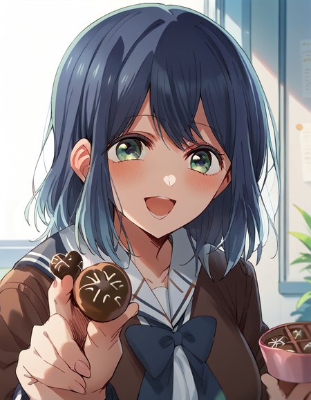 score_9, score_8_up, score_7_up, source_anime, <lora:akane-kurokawa-s1-ponyxl-lora-nochekaiser:1>, akane kurokawa, bangs, green eyes, blue hair, medium hair, dark blue hair, large breasts, <lora:incoming-chocolate-ponyxl-lora-nochekaiser:1> incoming food, chocolate, holding, holding chocolate, holding food, food, looking at viewer, open mouth, blush, smile, school uniform,, ,