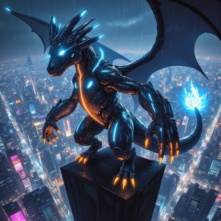 A cyberpunk Charizard, its scales replaced with sleek metallic plating glowing faintly with orange and blue neon lines. Its wings are made of translucent energy panels, crackling with electric currents, while its tail flame burns as a vibrant plasma orb, pulsing with shifting colors. Charizard sits atop a futuristic skyscraper. Cinematic focus on Charizard, with the cyberpunk skyline in the misty distance. aidmaMJ6.1, anime.