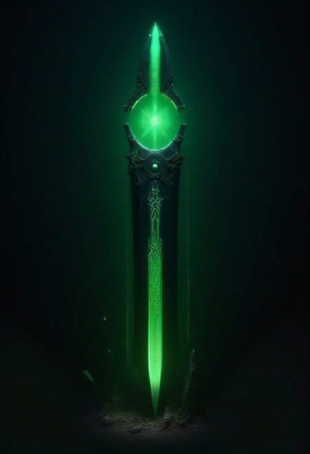green sun, electricity, green glow, green theme, Necron, closeup shot of a giant sword with runes on the blade,