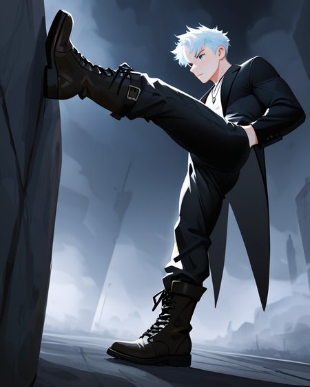 masterpiece, best quality, amazing quality, very aesthetic, absurdres, newest, 1boy, male focus, 21 years  old,  full body, head to toe, dynamic pose, blue eyes, eyeshd, tailcoat, long pants, knee high lace up boots, necklace, highly detailed eyes, from the side,  confident, serious, abstract background, dark, light, fog, masterpiece, best quality, amazing quality, very aesthetic, absurdres, newest, volumetric lighting,
 freckles, muscular, no-lineart style, big eye background,
breeze style
<lora:Bree_Style_Hv2:1>