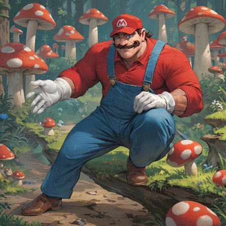 score_9, score_8_up, score_7_up, score_6_up, masterpiece, best quality, 1boy, super mario, mustache, short,red hat,blue overalls,  long sleeve red shirt, white gloves, brown shoes, big nose, smile, mushroom kingdom, jump,blue eyes