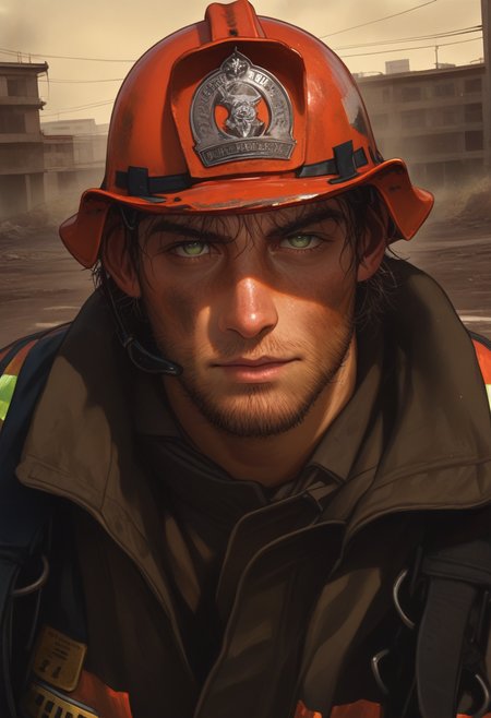 embedding:Illustrious\Positive\IllusP0s, embedding:Illustrious\Positive\IllustriousQual, muses_in_dark, 1boy, male focus, facial hair, solo, beard, helmet, firefighter, firefighter uniform, looking at viewer, dirty, stained, black hair, jacket, ground vehicle, short hair, stubble, green eyes, building, outdoors, dark theme, inconsistent lighting, realistic