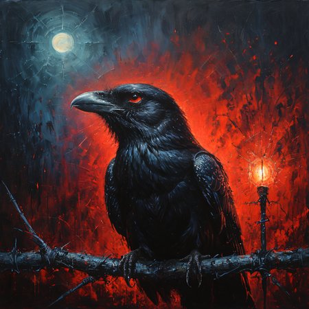 a raven sits on a barbed wire fence, open beak, red glowing eyes, detailed skin, detailed eyes, small lights in the background, lightning in the sky, drawing, dramatic lighting, vibrant colors, Intricate, highly detailed, high quality, centered, ultra hd, sharp focus