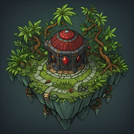 1 island, green to lime color,  jungle, many leafs,  lakes, swamp, (rocky stone ruins:0.8), overgrown wide, plain darkgray to gray background, mecha rusty parts, (((thick outlines:2.2))), (magic gemstone glowing red:1.2)