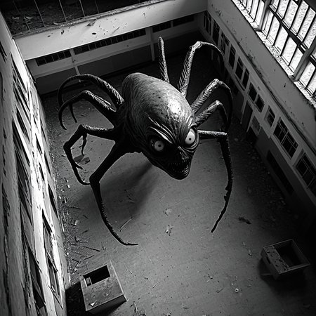 horrorcctvlora, abandoned school, horror (theme), alien, monochrome, bird view, looking at viewer