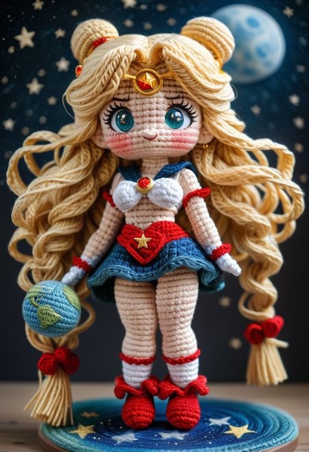 sailor moon, gigantic breasts, sexy pose, , long blond hair, standing on small planet in starry sky, by saint exupery, crocheted style