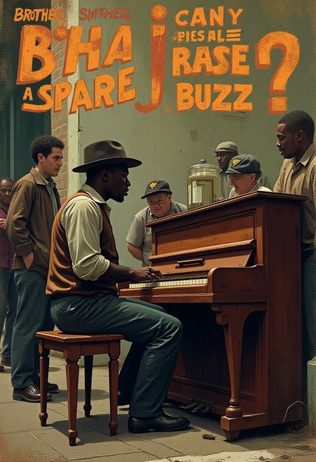 Poster of a lively street scene with a jazz pianist playing an old, upright piano on the sidewalk. The musician, a charismatic figure with a vintage hat and rolled-up sleeves, is fully absorbed in his performance, fingers dancing across the keys with soulful energy. Around him, a few onlookers gather, tapping their feet to the rhythm, while a small tip jar sits on top of the piano.
Above him, a playful title reads: "Brother, Can You Please Spare a Buzz?" The scene is vibrant, capturing the spirit of street jazz with a touch of humor, as if inviting both music lovers and passersby to share in the groove.
 <lora:schnell_v1.0:1.0><lora:791361511416191665:0>