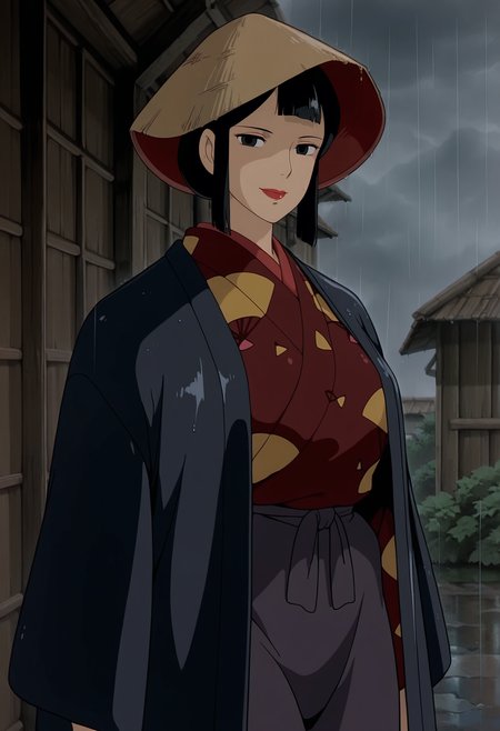 1girl,solo,eboshi,mature female,black hair,black eyes,lipstick,anime coloring,
kimono,cowboy shot, hat,rain,standing,outdoors,looking at viewer, smile
,masterpiece,best quality,amazing quality,<lora:Eboshi_Gozen-Mononoke_Hime_ix:0.8>