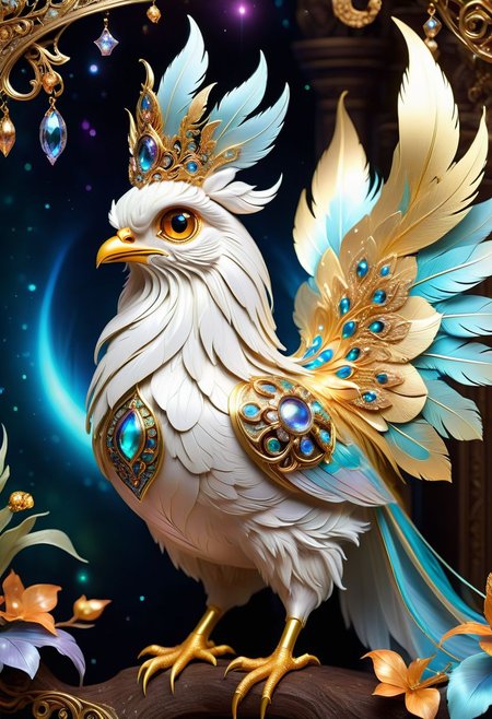 A small and cute royal hen spawns an adorable non-human celestial animal in the celestial and fantasy style. the animal is supposed to be the most beautiful animal ever created. Consider details such as soft, feathers, silk, satin, shimmer and shimmer. Include subtle details of ghostly iridescence. emphasize small fancy details and ornate jewelry. Camera: Use interesting and dynamic composition. increase visual interest. lighting: use ambient lighting that enhances the atmosphere of the fantasy. include bright colors and deep shadows. hires, detailed eyes, hires detailed eyes, hires small details, elaborate details, ornate, 8k, shimmer, unity, official cgi unreal engine, high resolution, (((masterpiece))), high quality, high resolution, detail enhancement, (bright and light-eyed),