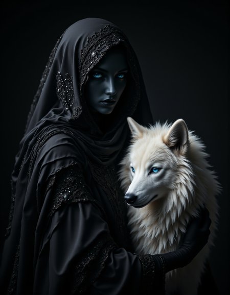 A close up portrait of a fantasy sorceress and her pet white wolf, The beautiful sorceress is  slender and wears a shiny black silk robe and (hood), her skin is painted pitch black, (her face is darkened by the shadow of the hood but her bright eyes can be seen clearly),  The sorceress and the wolf come together like the white and black of the yin yang symbol, perfect eyes, perfect hand,  dark fantasy, deep shadows, dark background,  desaturated in darker areas of the image, high contrast, midjourney_whisper_avant_couture, aidmasoftglow,  aidmafluxpro1.1 <lora:midjourney_whisper_avant_couture_v01:0.8> <lora:aidmaSoftGlow:0.6> <lora:aidmaFluxPro1.1Stylev0.2:0.6> <lora:Synesthesia:1>