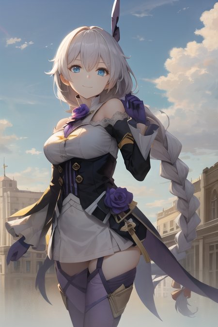 masterpiece, best quality,  absurdres, looking at viewer, solo,kallen kaslana (sixth serenade), kallen kaslana, white hair, 1girl, solo, blue eyes, braid, looking at viewer, gloves, smile, long hair, braided ponytail, bangs, bare shoulders, (purple thighhighs:1.1), (purple gloves:1.1), one eye closed, purple pants, long sleeves, hair between eyes, (large breasts:0.8), hair ornament, single braid, pants, flower , outdoor, cloudy sky, cloud
