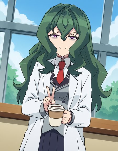 score_9, score_8_up, score_7_up, source_anime, <lora:hyouka-fuwa-s1-ponyxl-lora-nochekaiser:1>, hyouka fuwa, long hair, hair between eyes, purple eyes, green hair, bags under eyes, medium breasts,, labcoat, skirt, school uniform, pleated skirt, necktie, black skirt, red necktie, grey blazer, long sleeves,, cafe, coffee cup, barista, sitting down, talking, relaxing, sunlight through window, smile, v, v over mouth, smug,, looking at viewer, solo,, dutch angle, cowboy shot