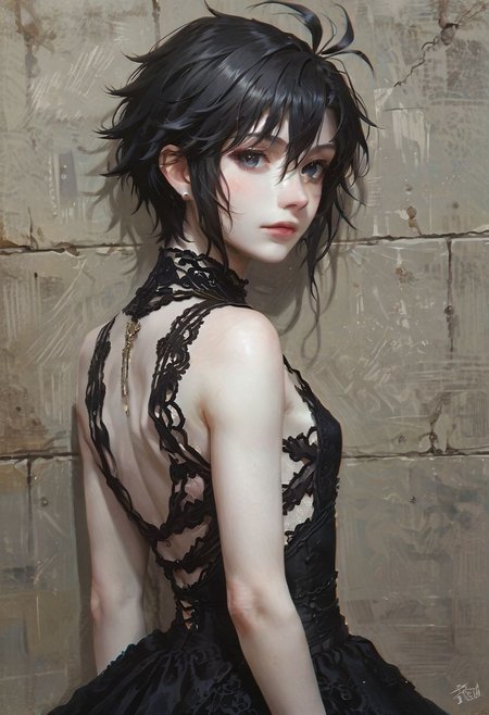 score_9, score_8_up, score_7_up, score_6_up, <lora:Worldly_XL:1>  source_anime, cute, 1girl, solo, petite body, <lora:KikuchiMakoto_pony_v1:0.90> kikuchi makoto, kkcmkt, short hair, black hair, antenna hair, hair between eyes, black eyes, flat chest,  small breasts, (pale skin:1.5), (far-set eyes:1.5), (lace dress:1.5), lace gloves, lace stockings, (back view:1.5)
zPDXL, zPDXL-neg