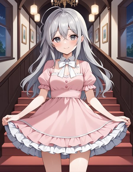 score_9, score_8_up, score_7_up, score_6_up, score_5_up, score_4_up, source_anime, rating_safe, BREAK <lora:syokoXL_LoRA-C3Lier_AdamW_Dim8_Alpha8_UN-3e-4_TE-1.5e-4_10batch_ponyDiffusionV6XL_v6StartWithThisOne:1>, hoshi syoko, 1girl, grey hair, long hair, ahoge, grey eyes, small breasts, smile, happy, closed mouth, blush, pink dress, white bowtie, white collar, frilled dress, layered dress, layered skirt, puffy sleeves, skirt pull, cowboy shot, facing viewer, looking at viewer, stairs, carpet, chandelier, window, night, night sky, cloud