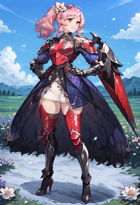 score_9, score_8_up, score_7_up,1girl, solo,brown eyes, pink hair, bandana, hair ornament on right side, chestplate, skirt, pattern on clothes, red_shoulder_armor, greaves, shoes, high heels, gauntlets, thighhighs under greaves, knee guards, purple split coat under top, black top under chestplate,flower, outside, snowy field, sky, arm on hip, strict face