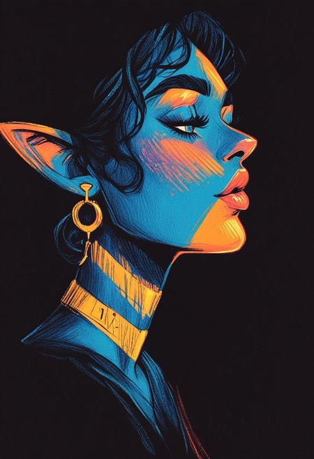 score_9, score_8_up, score_7_up, score_6_up, aesthetic, s1_dram, ncpy13 style, pastels drawing, deep black background,  Using deep blue, gold and black colors, prostitute, elf, slutty, whore