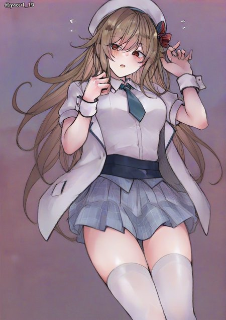 1girl,morikubo nono,@_@, beret, blue necktie, bow, brand new seasons (idolmaster), brown eyes, flying sweatdrops, hands up, hat, jacket, light brown hair, long hair, looking away, looking to the side, necktie, parted lips, plaid, plaid bow, puffy short sleeves, puffy sleeves, red bow, shirt, short sleeves, skirt, solo, thighhighs, very long hair, white headwear, white jacket, white shirt, white skirt, white thighhighs, wrist cuffs, ,zPDXL3    <lora:yasu1_12:1>