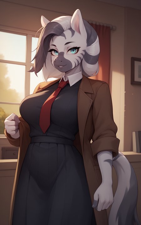 <lora:Zuri_PXL_v1.1-CAME-08:0.80> Zuri,   score_9_up, score_8_up, score_7_up, score_6_up,   indoors, day, cowboy shot, indoors, standing, dynamic pose, dynamic angle, looking at viewer,   1girl, ((anthro, zebra)), animal ears, multicolored skin, white skin, grey skin, multicolored hair, medium hair, two-tone hair, white hair, grey hair, stripes, striped tail, aqua eyes, large breasts,  black dress coat, long skirt, shirt, red necktie,