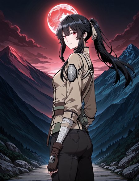 <lora:Jasmine_Flamesworth__The_Beginning_After_the_End__Illustrious:1>
1 girls, solo, red eyes, black hair, long hair, ponytail, bangs, hair between eyes, sidelocks, small breasts,
brown jacket, greeb ribbon, fingerless gloves, long sleeves, black pants, black boots, bandages,
score_9, score_8_up, score_7_up, source anime, BREAK, cowboy shot, (from side), looking back, looking at viewer, overlooking mountain, high altitude, scenery, exterior, background, (solo), floating hair, night, red moon, <lora:iLLMythG0thicL1nes:1>