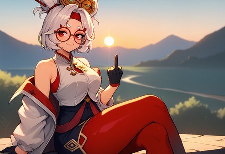 score_9, score_7_up BREAK 1girl, purah,white hair,red eyes,hair ornament, red headband, red glasses, sleeveless shirt, white coat, black skirt, red leggings, gloves,smug,middle finger,wide shot,thick thighs,closed mouth,sitting,depth of field,scenery,landscape,sunset,backlighting <lora:purah-pdxl-nvwls-v1:0.7>