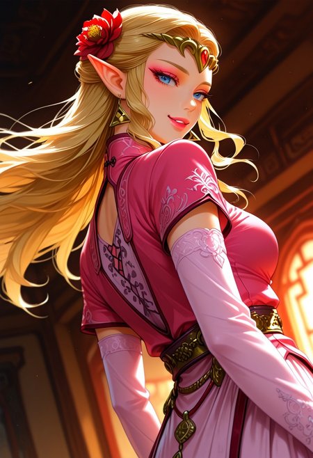 ultra realistic, masterpiece, high detailed skin, best quality, high res, very aesthetic, anime style, studio anime, source_ecchi, anime, (finely detailed face), (petite body:1.3), <lora:ootzelda-illu-nvwls-v1-000006:1> ocarzld, blonde hair, long hair, sidelocks, blue eyes, pointy ears, gold tiara, earrings, large breasts, makeup, smokyeyes, lash, pink mascara, puffy lips, glossy pink lips, 1girl, floating hair, jewelry, long hair, hair ornament, solo, flower, earrings, lips, chinese clothes, eyelashes, makeup, wind, bright red lips, red flower, dress, looking back, long sleeves, lipstick, hair flower, breasts, naughty grin on her lips, short sleeves, and the lighting is soft and warm. dramatic scenery, intricate details, (blurry background, depth of field:1.1), erotic and aesthetic, lascivious pose, aroused, dynamic dutch angle, from below, blurry background, bright colors, stunningly artwork, (blurry background, depth of field:1.1),