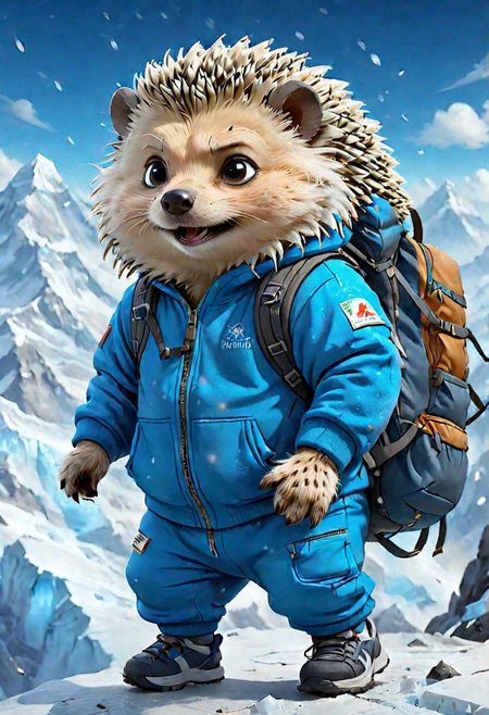 postcard, chubby Siberian hedgehog in a tracksuit with a backpack, conquers Everest, ice ,  flying particles, blurred background, depth of field, ultra quality, 8k,