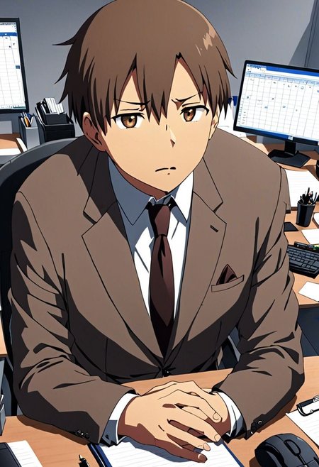 high resolution, solo, best quality, 1Boy, Takaki Toono, Brownish Hair, Brown Eyes, suit, worklife, workspace, OverallDetail