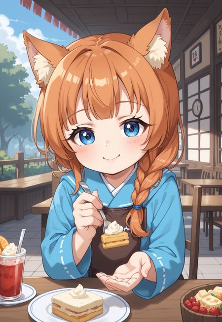 score_9,score_8_up,score_7_up,source_anime ,absurdres,detailxl,zPDXL3,
(Masterpiece:1.3),(best quality:1.2),high resolution,high quality,detailed,cute details,
cowboy shot,sitting,
fantasy,
fox girl,elaborate cute innerwear,elaborate cute blue outerwear,
detailed fluffy ears,fluffy tail fur,detailed face and eyes,
,blue eyes, orange fur, orange hair, (covered brests:1.5), smug expression, :3, 
outdoors,restaurant,table,chair,
<lora:ColorRoughSlider:-0.1>,
<lora:zy_Detailed_Backgrounds_v1:0.6>,
<lora:feeding_Pony_v1:1>,feeding,long hair,red hair,braided ponytail,on stomach, basukechi_style