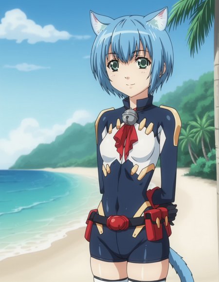 1girl, anime screencap, <lora:VexVexX_Melwin_PONYXL:1>, Melwin, short hair, blue hair, green eyes, animal ears, cat ears, cat tail, small breasts, deep skin, skindentation, seductive smile, detailed skin, glossy skin, bodysuit, bell, thighhighs, belt, gloves, cowboy shot, from front, standing, hands behind back, legs together, thighs together, looking at viewer, outside, beach, ocean, palm trees,