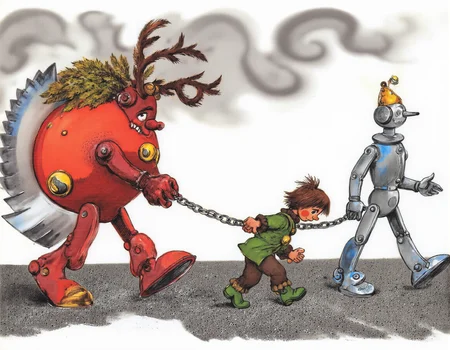 <lora:lv:1>, This is a whimsical, hand-drawn illustration in a cartoon style. The scene depicts three characters walking on a gray, textured ground. On the left, a large, red, robotic humanoid figure with a circular body and mechanical limbs, adorned with yellow and black accents, has a large, serrated blade protruding from its back. Its head resembles a reindeer with antlers and a leafy crown. The robot is holding a small, green, human-like figure by a chain leash, leading them forward., 
The green figure, with short, tousled hair, wears a green jacket with a gold button, brown pants, and boots. They have a distressed expression, looking down and slightly to the right. The third character, on the right, is a tall, slender robot with a gold crown, a blue and gray body, and a faceless head. They wear a black and white striped shirt, gray pants, and boots, and carry a small, round object in their hand., 
The background is a gradient of light to dark gray, suggesting a cloudy or overcast sky. The illustration uses bold, expressive lines and vibrant colors to convey a playful and somewhat surreal atmosphere.