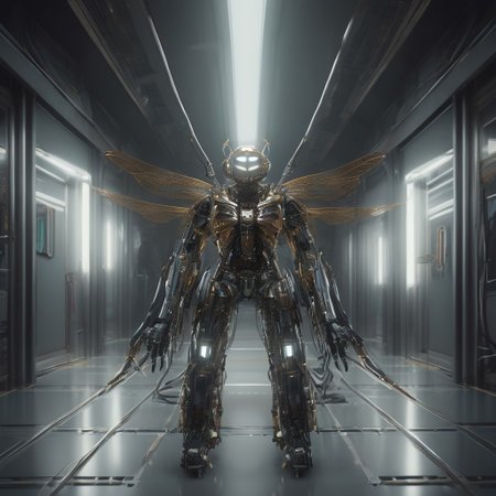 masterpiece, best quality, dramatic lighting, Nqu4ntum, a dragonfly robot  (qu4ntum style), in the corridor of the spaceship, ray tracing, Cinematic Lighting