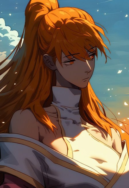 (score_9, score_8_up, score_7_up), 
xiaoninger, 1girl, ponytail, long hair, orange hair, bangs, orange eyes, bare shoulder, breasts, collarbone, hair between eyes, white dress, kimono, sash, two tones dress, turtleneck, masterpiece, best quality, outdoors, dynamic pose, dynamic angle,light particles, looking away, beautiful face, mature, side boob, sky, day, upper body, head tilt, centered, half closed eyes, sexy pose