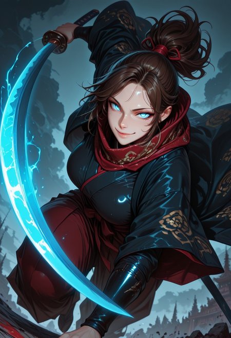masterpiece, best quality,high quality, newest, highres,8K,HDR,absurdres, 1girl, mature female, solo, ponytail, long dark brown hair, glowing blue eyes, slit pupils, sexy smile expression, black and red checker patterned scarf, black kimono, haori, hakama pants, katana, samurai fantasy battlefield, stormy sky, dynamic pose, intense lighting, detailed background, depth of field, dynamic composition, foreshortening, detailed background, dynamic pose, dynamic composition,dutch angle, detailed backgroud,foreshortening,blurry edges <lora:iLLMythG0thicL1nes:1> G0thicL1nes