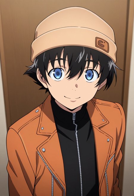 masterpiece,best quality,amazing quality, source_anime, 
YukiteruAmano, 1boy, male focus, solo, blue eyes, black hair, beanie, brown headwear, black shirt, turtleneck, zipper, jacket, brown jacket, open jacket, smile,
