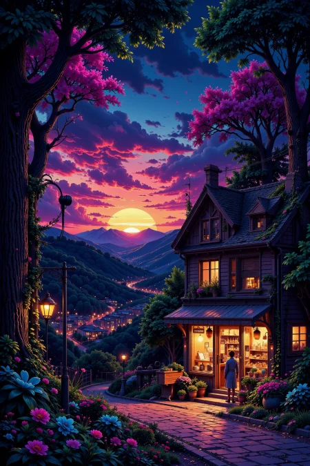 a pet shop beautiful  landscape, dusk, woman, very intricate, very detailed, sharp, bright, colorful, <lora:Hand v2:0.5> <lora:Anti-Blur:1><lora:Insane Detail Slider:0.25>  <lora:flux.1_lora_flyway_Epic-detail_v2:0.3> <lora:fluxenhancer:0.25> <lora:ck-Neon-Retrowave:0.4> ck-rw, in the style of ck-rw,  <lora:Neurocore Anime Cyberpunk:0.8> A digital artwork in the style of cknc