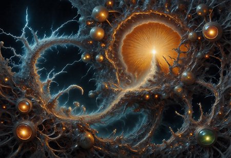 This is a highly detailed fractalex digital painting in a gothic style a compelling use of (snellâs law) how light travels through the lenses of spheres creating a gateway to other dimensions through an Electrified spectrum of fractal separation into multidimensional gateways with views of spiral galaxy, before entering a newdimension. precise fractal design, flowing curves, precision, colorful fractal geometry, harmonic interference, dismrt style, realism, detailed digital illustration, photo manipulation, altered realities, digital artistry, striking visuals, chiroscuro lighting, masterpiece, best quality, highres, high detail, sharp focus, detailed background, light reflection, photo-realistic,  <lora:Epic_gorgeous_Details-flux.1:0.5> <lora:Amazing_scenery_v1:1> <lora:P-Mystic-Fusion_v10:0> <lora:flux.1_lora_surreal-tones_v1:0> <lora:RealisticDigitalPainting-flux:0.6> <lora:Electrified_Flux_v1:1> <lora:Dorota_Pietrowiak-Flux:0.3> <lora:best_of_flux_v30_rank64_bf16-step01750:0.65> <lora:ral-frctlgmtry_flux:0.65> <lora:fractalex:0.5441650390625> <lora:-_Flux1_-_vanta_black_V2.0:1>