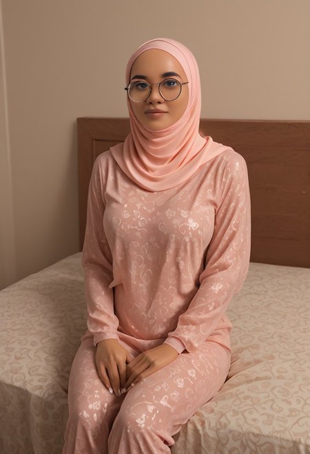 <lora:Mala2:1> 1girl, coll-malas, solo,hijab, round glasses, sitting on a comfy bed