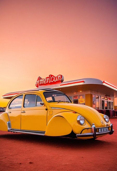(low angle shot:1.4), an editorial photo of a yellow (VW Beetle:0.8) and (Citroen 2CV:0.8) style Hovering_Car parked outside an American diner on Mars, (scene set on the planet Mars:1.2), red sky, red sands of Mars, highly detailed, retro futurism, science fiction, clean lines, fine art photography, award winning photography, film grain,