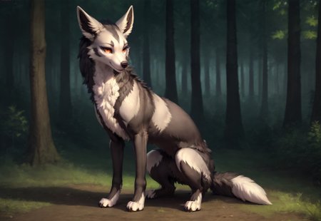 score_9, score_8_up, score_7_up, ultra hi res, by reallynxgirl, uploaded on e621, rating_safe, safe content, 3d, ((feral)),  feral wolf, female, solo, mightyena, bedroom, sitting, forest, detailed background