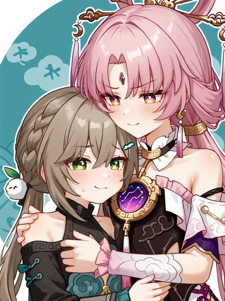 detailed background, shiny skin, posing, rating safe, 
<lora:fuqin.pony:1.0>,
fuxuan, qingque, 2girls, 
yuri, 
smug, 
nervous,