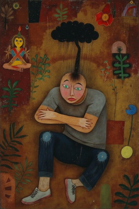 paulklee1 painting. 
chenu1. 
A geometric figure sitting on the ground, hugging his knees, with a melancholy expression. Above his head is a small, dark rain cloud pouring rain solely on him, symbolizing personal struggle or sadness. He is wearing casual clothing, including a gray t-shirt, jeans, and worn sneakers. The background features an ornate, colorful mural depicting traditional or spiritual motifs, contrasting with the character's isolation and mood. The overall style is hyper-realistic with intricate textures, blending realism with metaphorical elements, and the atmosphere is somber yet deeply introspective 
  <lora:paulklee1_cap_d8a4e6:1.0><lora:839156208133846350:0>