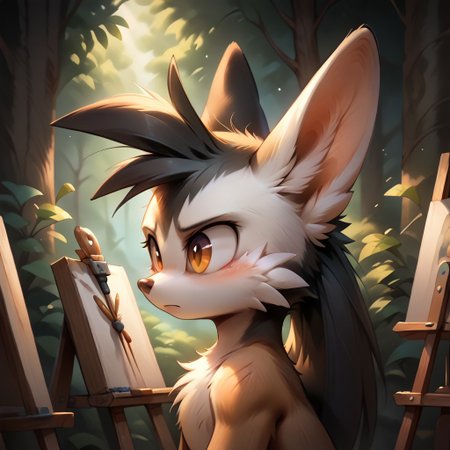 score_9, score_8_up, score_7_up, score_6_up, score_5_up, score_4_up, <lora:Klonoa_Character_PonyXL:0.8> ,  Klonoa, two long ears, fur, anthro, Klonoa, g5, rich colors, forest operations, forest, thicket, communal appearance , presents a painting of rabbits and pony, aroused, front view, detailed background, detailed, 8k quality, side view, beautiful, teasing, easel and brushes, leaned to the floor, freely actions,