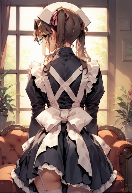 score_9, score_8_up, score_7_up, source_anime, HARUKAWA TOMOMI (MOONLIGHT LADY), HARUKAWA TOMOMI MAID OUTFIT, glasses, from behind, look back, ass
