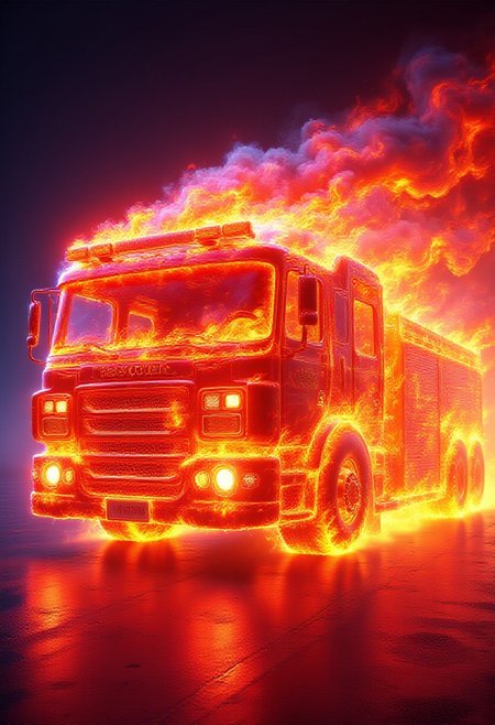 A firetruck completely engulfed in flames, inferno, blazing, concept art, masterpiece, perfect lighting, purple flames, 4k, absurdres,